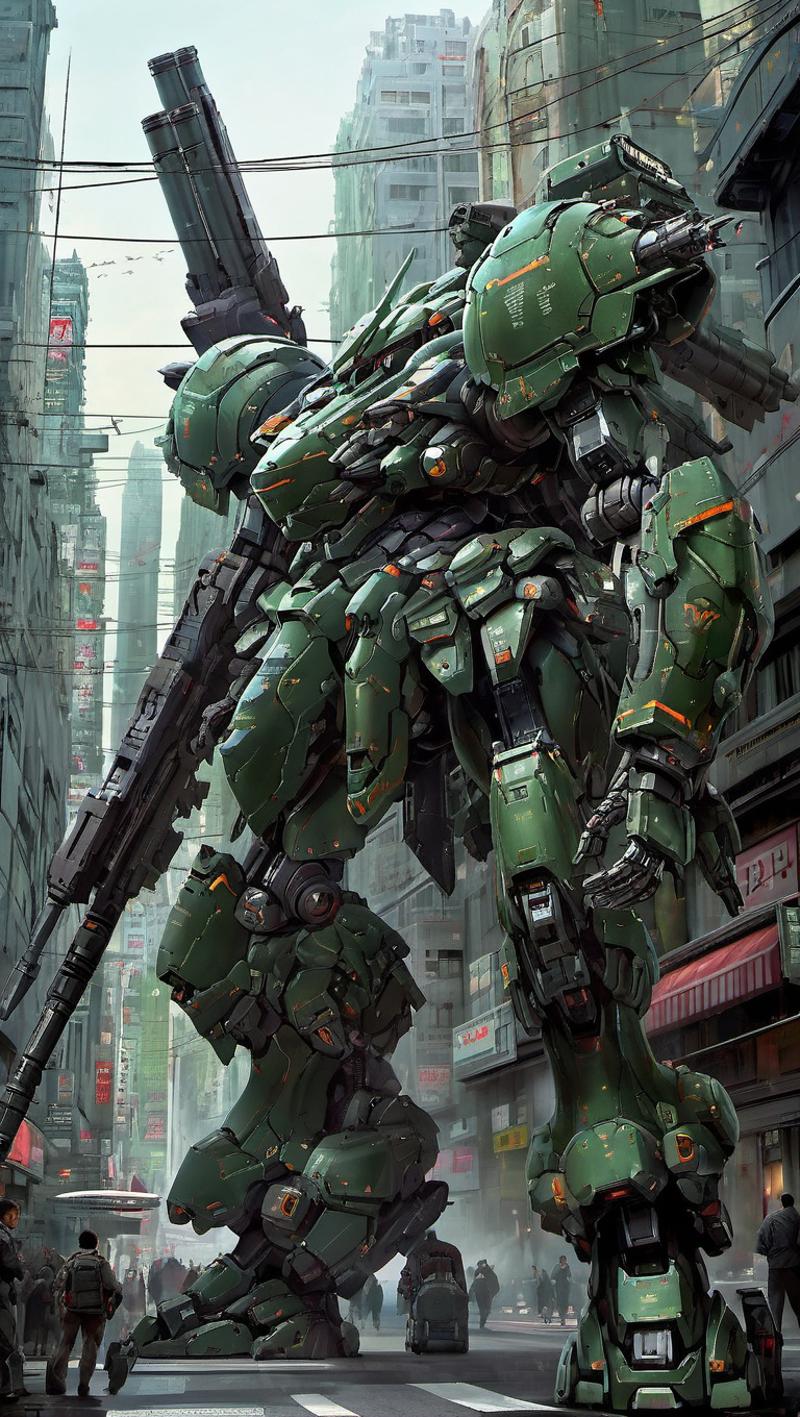 A Giant Green Robot with a Gun Attachment Standing in a City.