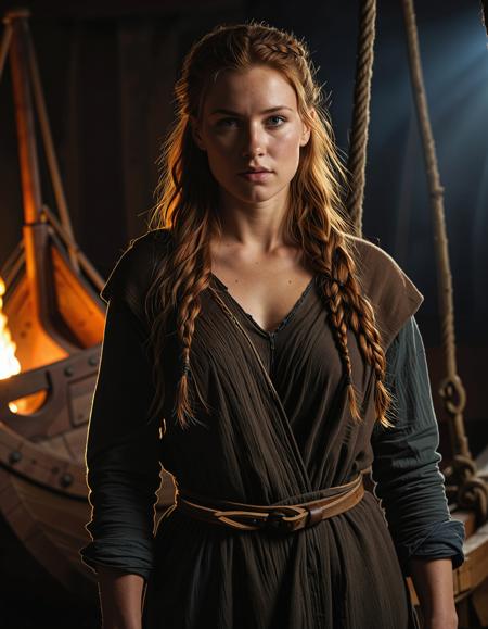 RAW full body image of a gorgeous 25 years old Gorgeous Viking Woman auburn haired, loose hair, <lora:NordicByNature:0.8>,Shipbuilder of the Fjords, A determined Viking woman working on the wooden frame of a longship, her face smudged with ash as she shapes the mighty vessel.,low light, soft natural light, Rembrandt style light, Hasselblad DLSR camera, 200mm Zeiss lens, f/2.8, clear focus, high resolution image, (soft naural light), (rembrandt light), (soft shadows) ,Sexy pose, erotic pose, exhibitionism,