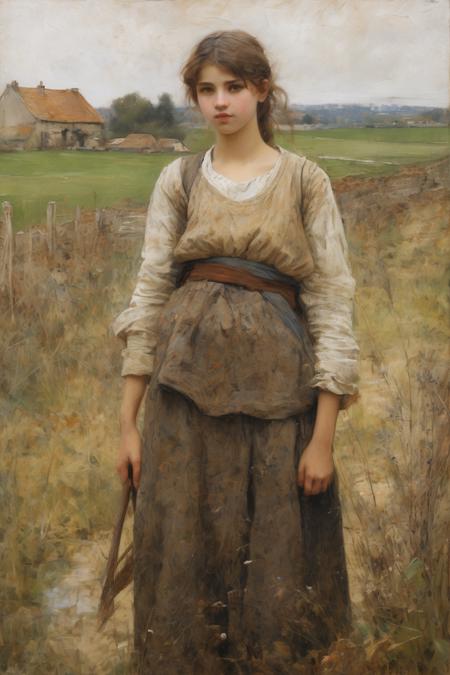 Jules Bastien-Lepage Style - In one of mile Bayard's evocative works, he masterfully captures the humble essence and raw beauty of rural France through the depiction of a peasant girl. The subject, imbued with a resilient spirit and a quiet dignity, stands out against the rustic setting that mirrors her lifestyle. Bayard's composition, characterized by a harmonious balance between the central figure and the background, amplifies the authenticity of the scene. He employs a naturalistic palette to portray the weather-worn textures and earthy tones typical of the Brittany countryside, adding to the painting's emotive depth. The girl's features and attire are rendered with intricate detail, hinting at the hardships of her life, yet the spark in her eyes reflects an unyielding determination