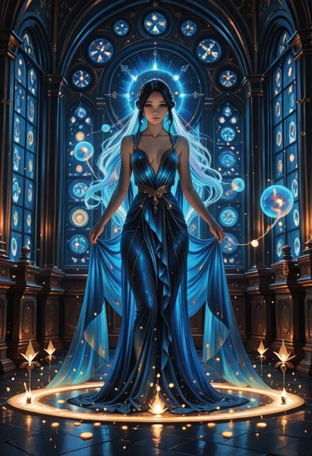 masterpiece, absurdres, 8k, HQ, celestial woman, stained glass portal, flowing aquamarine gown, cosmic backdrop, glowing ethereal light, divine elegance, fantasy realism, intricate filigree, interstellar aura, rococo structure, atmospheric lighting, luminous hair, high detail, 16k, hdr, cinematic fantasy, digital painting, Jean-Baptiste Monge, Artgerm, WLOP