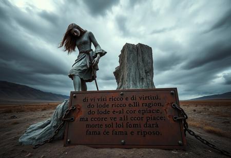 {
"prompt": "In the heart of a desolate landscape, a colossal statue rises, half man, half woman, their body fractured and rattling from the pain of a broken soul. Dressed in a decaying 1700s costume, the intricate lace and embroidery have long been worn by time. Their long, wild hair flows down, further symbolizing their inner chaos. The figure’s feet are shackled to the ground by thick, unyielding chains, locking them in place, a metaphor for their eternal torment.
Their face is etched with suffering, eyes hollow and filled with sorrow. At the base of the statue, instead of cardboard, a large, weathered bronze plaque rests, its surface rusted and pitted with age. The ancient metal is corroded, its edges jagged and uneven, yet the engraving is still legible: 'di vizi ricco e di virtù, do lode alla ragion, ma corro ove al cor piace: morte sol mi darà fama e riposo.' The words, though eroded by time, gleam faintly in the dim light, adding a timeless weight to the message.
The rust on the plaque flakes away in places, giving it an ancient, almost sacred feel, as if it has stood there for centuries, bearing witness to the statue’s suffering. The landscape around is barren, with dark, swirling clouds above, and the wind howls softly, adding an air of desolation. The rusted bronze sign, old and worn, is a symbol of both endurance and decay, mirroring the endless torment of the chained figure above it."
}