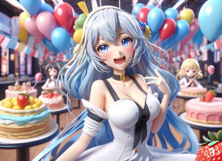 3d, 3d render,3d anime, japanese anime, highly detailed, vibrant, production cinematic, absurdres, highres,  3girls animal back_bow balloon black_gloves blonde_hair blue_bow blue_dress blue_eyes blue_hair blunt_bangs bottle bow braid butterfly_hair_ornament cake closed_eyes confetti dress dutch_angle elbow_gloves flower food fruit gloves hair_flower hair_ornament hands_up holding holding_animal indoors light_blue_hair long_hair long_sleeves multiple_girls official_alternate_costume official_alternate_hairstyle open_mouth otter own_hands_together partially_fingerless_gloves party_popper pennant puffy_long_sleeves puffy_sleeves romper scarf smile strawberry strawberry_cake streamers string_of_flags thighhighs twin_braids white_dress white_hair white_romper white_scarf white_thighhighs yellow_eyes zettai_ryouiki