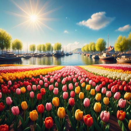 detailed background, <lora:SDXLFaeTastic2400:0.5>, masterpiece, best quality, high quality, ultra detailed, highly detailed, high detail, artistic lighting, depth of field, perfect soft lighting, best shadows, perfect reflections, volumetric, detailed image, high resolution, sharp definition, jaynl-tm, harbor made of tulips, sunny, blue sky,