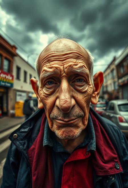 Candid street photography: surreal caricature of an elderly man, intense dramatic weather. High-angle perspective, exaggerated features, bald head, subdued skin tones. Iridescent reflections, stormy skies, high tension. Urban scene, spontaneous candid moment, muted colors.  Blues and reds in clothing.