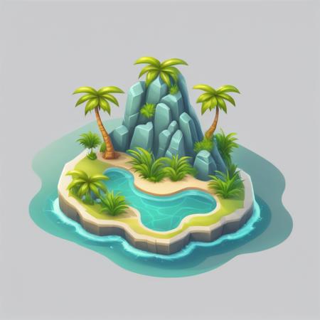 ffislandgen, no humans, tree, rock, water, grey background, palm tree, grass, gradient background, gradient, crystal, scenery, floating island, simple_background, outdoors, no_humans, palm_tree, bush, faux_figurine