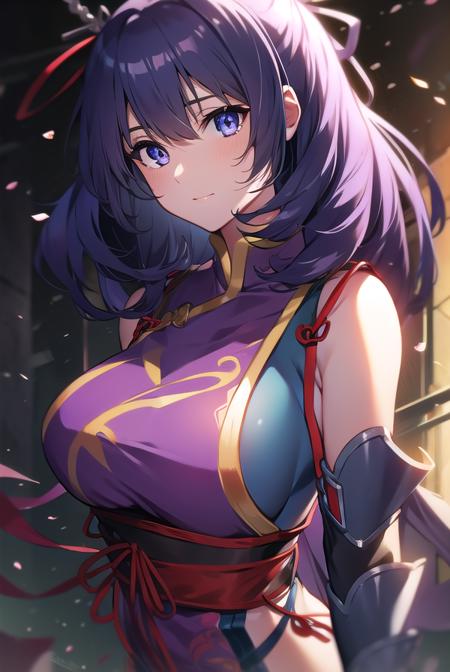 mao rixia, (purple eyes:1.1), purple hair, chinese clothes, gauntlets, mary janes, thighhighs,