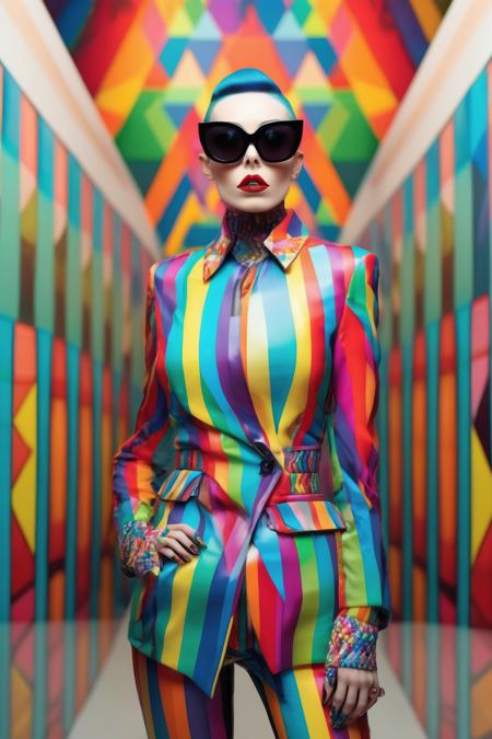 <lora:Okuda San Miguel Style:1>Okuda San Miguel Style - Natalie Shau inspired industrial Illusion pattern photograph of stunning woman wearing prism outfit and prism sunglasses in a hallway