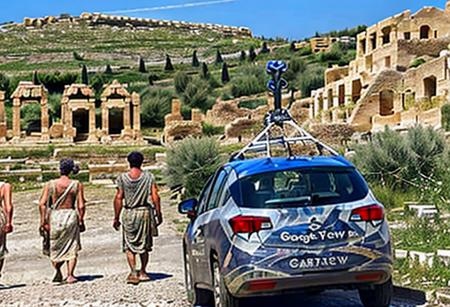 (gsv car), (google streetview car), soarta (car spotting), camo car, ancient village, (((ancient greece))), high definition, hd, 8k, 4k, absurdres, highres,  <lora:Google_Streetview_Car:1>, backview, behind, ((greek villagers walking around))