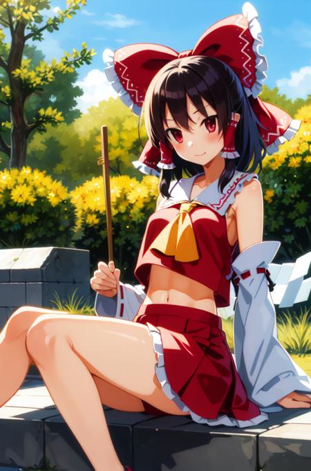 masterpiece, best_quality, 1girl, solo, hakurei reimu, <lora:harada_takehito_v1:0.8>