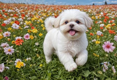 Masterpiece, highres. Highly detailed. Close-up photo of white  shih tzu puppy running through field of colorful flowers, fluffy fur, huge flowers, big eyes. cute, happy, joy. The sun is shining. Blue sky with fluffy clouds. aidmaMJ6.1