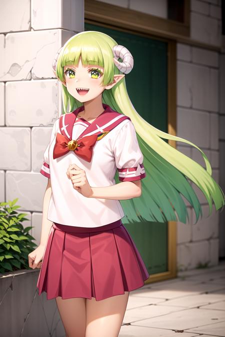 valac clara green hair, long hair, green eyes, horns, pointy ears school uniform, serafuku, pink skirt, green footwear, slippers