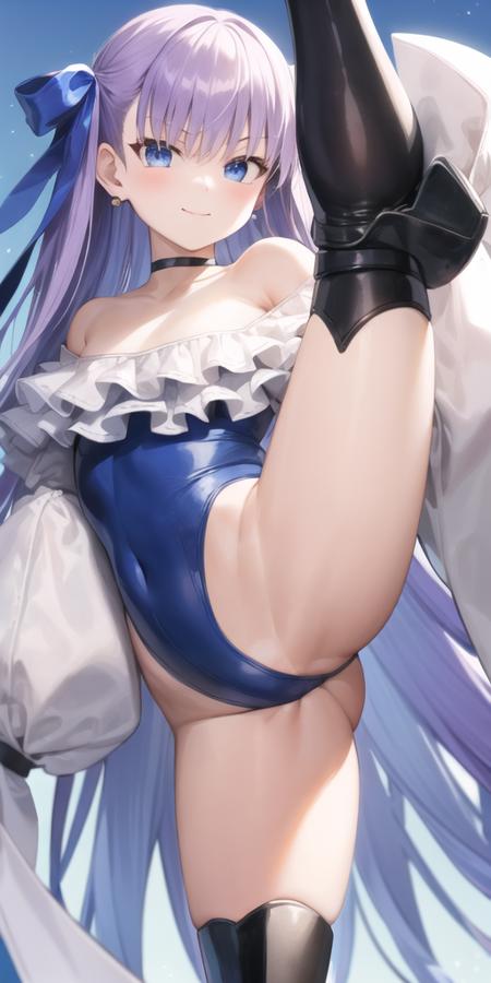 <lora:meltlilith_lora_v1a:1>, 1girl, armor, ass, bangs, bare shoulders, blue eyes, blue ribbon, blush, breasts, choker, frills, greaves, hair ribbon, highleg, highleg swimsuit, long hair, long sleeves, looking at viewer, off-shoulder one-piece swimsuit, off shoulder, one-piece swimsuit, prosthesis, prosthetic leg, puffy sleeves, purple hair, ribbon, sleeves past fingers, sleeves past wrists, small breasts, smile, solo, split, spread legs, standing, standing on one leg, standing split, swimsuit, thighs, very long hair, white ribbon, masterpiece, best quality,