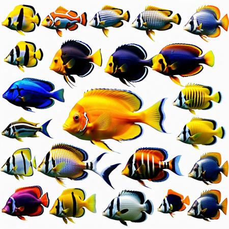 Various isolated clipped photos of (nine  tropical saltwater fishes:1.5) placed centered with a three to three grid on a page  on white background with quite nice margins on the sides  , tropical fishes infographic, (masterpiece:1.5) photograph, HDR, High resolution, cinematographic, hyper realistic, 8k, 35mm Lens,kodakchrome, canon EOS R5,  (sharp details:1.7),