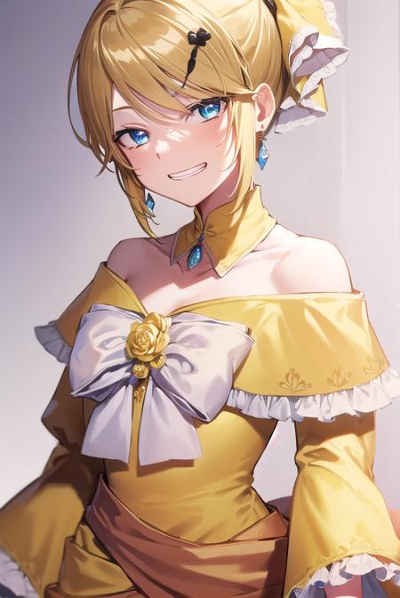 riliane, blonde hair, blue eyes, ponytail, short hair, parted bangs, bow, bracelet, dangle earrings, detached collar, dress, (yellow dress:1.5), dress bow, earrings, flower, flower brooch, frilled dress, frills, gown, hair bow, hair ornament, hairclip, jewelry, long sleeves, necklace, off shoulder, off-shoulder dress, pendant, sash, wide sleeves,