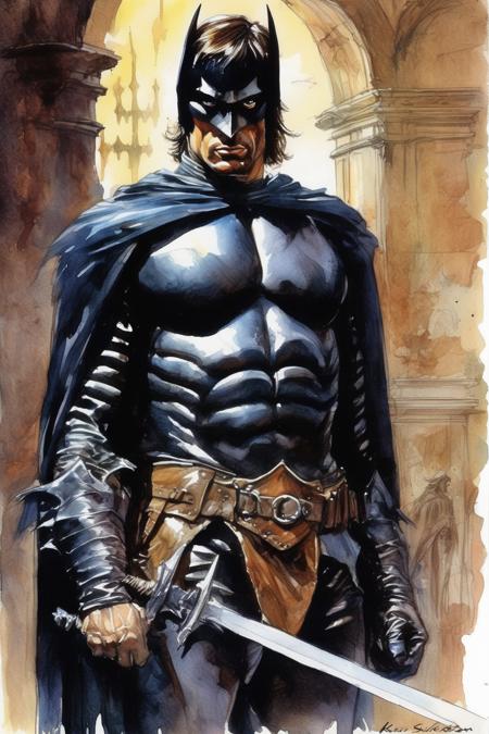 <lora:Marc Silvestri Style:1>Marc Silvestri Style - watercolor portrait sketch of Kevin Sorbo as French dark knight nobleman, in the art style of Frank Frazetta Clyde Caldwell Larry Elmore Jeff Easley Barry Windsor-Smith Alfredo Alcala Pablo Marcus Gerald Brom Manuel Sanjulin