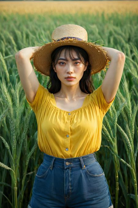 (HD, masterpiece, best quality, hyper detailed, ultra detailed, super realistic),Supernatural Portrait, Masterpiece, Fantasy, Oil Painting, Painting), Highly detailed and exquisite details: 1.4, Upper body mid-shot, in the center of the frame is a girl dressed as a scarecrow, surrounded by a large green barley field. Made of dry branches, flowers and rags, the scarecrow has a blank expression and a determined smoky makeup, and wears an old, worn-out wide-brimmed straw hat pulled down just below her eyebrows. She wears a vividly colored pearl yellow top and deep blue shorts, and has red velvet gloves, her arms are outstretched to the side, and two crows are depicted in great detail on her arms. There is a sunset and natural light in the background. The subject's features are highly detailed and anatomically correct, and the vividly colored subject is set against a random natural background. Every texture, every realistic skin, every wrinkle, every hair is rendered in 8k resolution with realistic painting quality, inviting the viewer into this dreamlike world, green eyes, blue eyes, brown eyes, perfecteyes, jpn-girl, Movie Still, Film Still, Cinematic, Cinematic Shot, Cinematic Lighting, SDXL Hands XL + SD 1.5 + FLUX.1-dev<lora:SDXL PerfectEyesXL.safetensors:0.5:0.5> <lora:SDXL japanese_girl_v1.1.safetensors:0.7000000000000001:0.7000000000000001> <lora:SDXL Juggernaut Cinematic XL LoRA.safetensors:0.7000000000000001:0.7000000000000001> <lora:SDXL Hands XL + SD 1.5 + FLUX.1-dev.safetensors:0.7000000000000001:0.7000000000000001>
