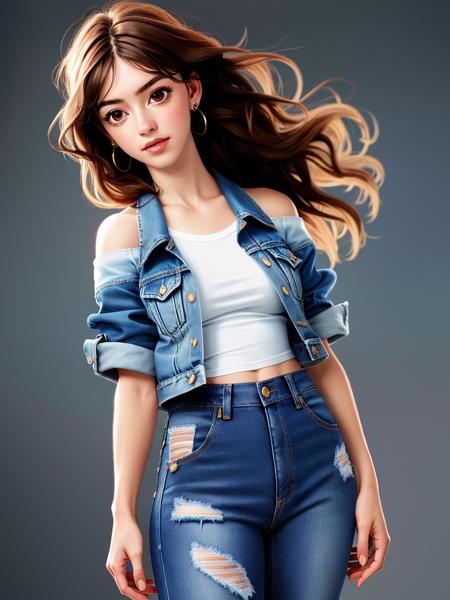 Realistic photo of a beautifuld41sy3dg4r woman,1girl,solo,long hair,looking at viewer,simple background,brown hair,shirt,brown eyes,jewelry,jacket,white shirt,short sleeves,earrings,parted lips,pants,off shoulder,lips,head tilt,torn clothes,denim,t-shirt,jeans,realistic,blue pants,torn pants,torn jeans,denim jacket, soft lighting, professional Photography, Photorealistic, detailed, RAW, analog, sharp focus, 8k, HD, high quality, masterpiece<lora:d41sy3dg4r:1.0>