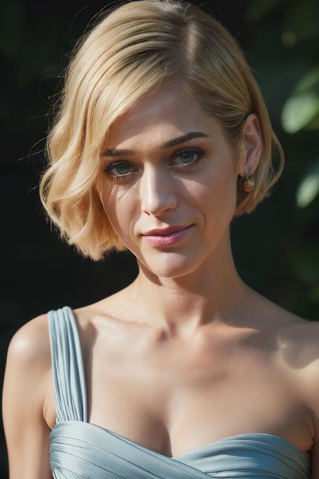 photoshoot of lizzyC1, (blonde hair), (pixie cut), , detailed skin texture, (blush:0.2), (goosebumps:0.3), (light blue dress), subsurface scattering, Photorealistic, Hyperrealistic, Hyperdetailed, analog style, hip cocked, demure, detailed skin, matte skin, soft lighting, subsurface scattering, realistic, heavy shadow, masterpiece, best quality, ultra realistic, 8k, golden ratio, Intricate, High Detail, film photography, soft focus