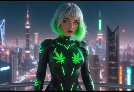 masterpiece,high quality, 420futurism,
 <lora:420FuturismXL:0.8> 
hemp clothing, 1girl, solo, female focus,green glow hair,green glow eyes, looking at viewer, bodysuit, city lights, parted lips