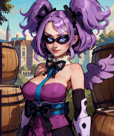 ceefore,purple hair,twintails, white eyes,domino mask,
wings,black pantyhose,hair ribbon,elbow gloves,bare shoulders,detached sleeves,pink top,
upper body,standing,
smile,outdoors,barrels,
(insanely detailed, beautiful detailed face, masterpiece, beautiful detailed eyes, best quality),solo,<lora:ceefore-10D7v8:0.8>,