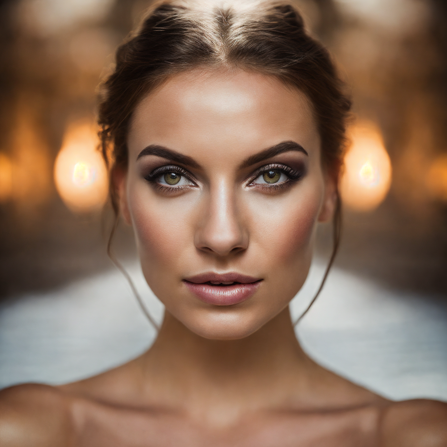 closeup portrait of a young sexy Ukrainian woman with revealing Fit and flare dress in Spa retreat , symmetrical face,  Ou...