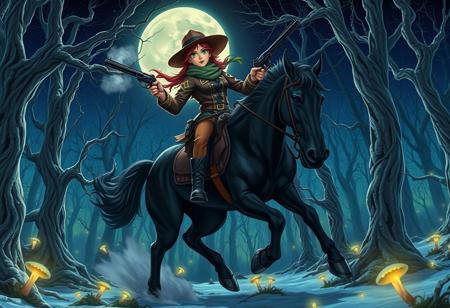 2. Moonlit Pursuit Through Ghost Pines
*A hyper-realistic anime-style painting of Calamity Jane, she is a 24-year-old female, tall and slender with long legs, green eyes, pale skin, she wears a wide-brimmed hat, a scarf, a jacket with geometric patterns, black pants, and high black boots. She has red hair tied up in the back with a feather. She rides Dakota at full gallop through a haunted forest of twisted, silver-barked trees, their branches clawing at a star-streaked indigo sky. Bioluminescent fungi pulse along the roots, casting eerie green and blue light on her determined face. Her guns are drawn, smoke trailing from the barrels as spectral bandits dissolve into mist behind her. Dakota’s powerful legs are captured mid-stride, veins visible under his jet-black coat, his breath steaming in the cold air. Fireflies swirl around them like embers, adding to the surreal glow.*