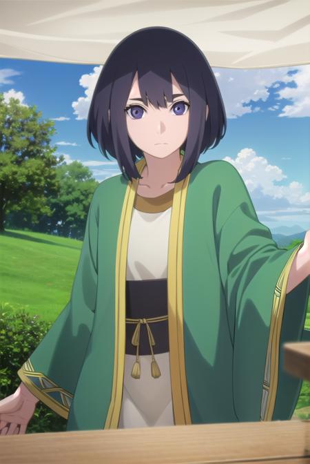 ladykiri, <lora:lady kiri-lora-nochekaiser:1>,
lady kiri, black hair, short hair, hair between eyes, (purple eyes:1.1),
BREAK long sleeves, robe, green robe, obi, dress, white dress,
BREAK outdoors, nature, forest, grass, sky, sun, clouds,
BREAK looking at viewer,
BREAK <lyco:GoodHands-beta2:1>, (masterpiece:1.2), best quality, high resolution, unity 8k wallpaper, (illustration:0.8), (beautiful detailed eyes:1.6), extremely detailed face, perfect lighting, extremely detailed CG, (perfect hands, perfect anatomy),