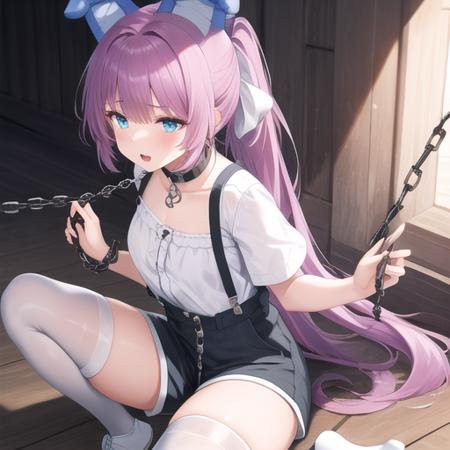 (masterpiece, best quality:1.2),illustration,8k,hd,1girl,solo,upper body,(portrait:1.2),purple_hair,blue_eyes,very_long_hair,animal_ears,bangs,fake_animal_ears,ribbon,hair_ribbon,hair_ornament,ponytail,white_shirt,suspenders,white_thighhighs,black_shorts,short_shorts,suspender_shorts,chain,collar,bound,<lora:Tashkent-Captivity(azur)>,