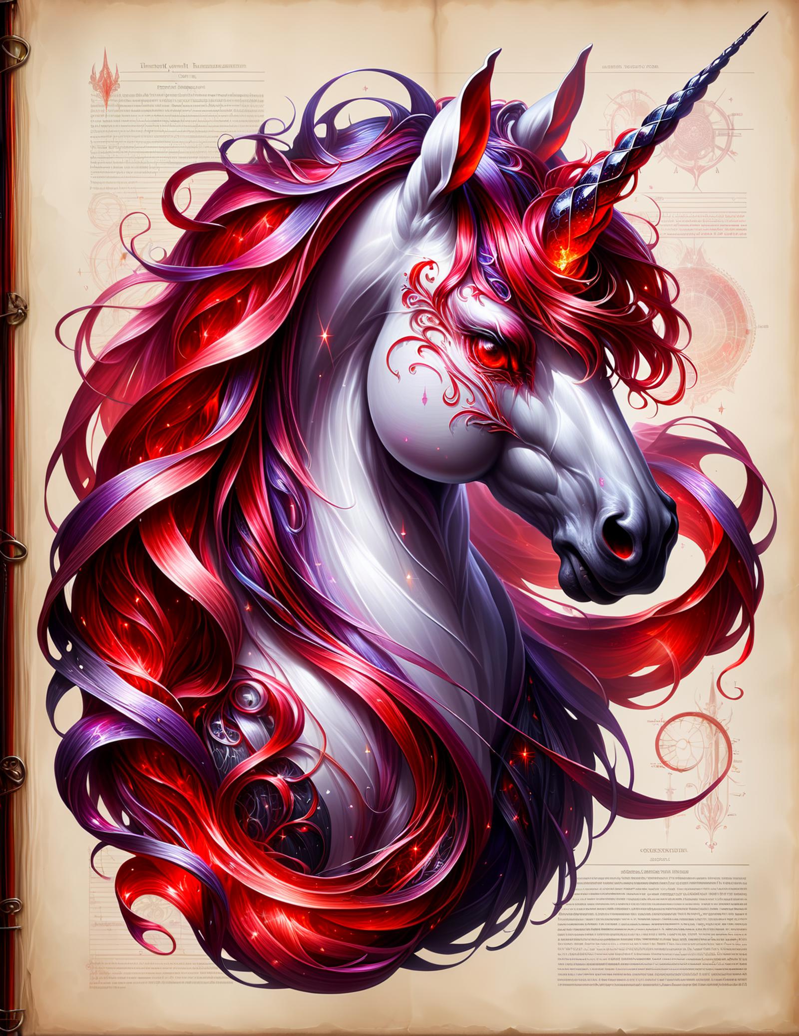 Artistic Illustration of a Pegasus with a Purple and Red Mane, Red Eyes, and White Body.