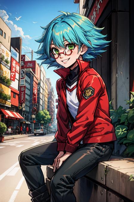 1boy, child, marufujisho, blue hair, short hair, bangs, green eyes, circular glasses, red jacket, pants, smile, sitting, city <lora:marufuji_sho:1>