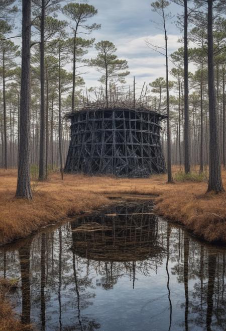 Surreal Landscape ,Creator Landscape,painting art,Pine barrens with charred tree skeletons,mayfly swarm over water,stone lime kiln structure,
extremely detailed,
detail xl,
