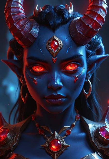 rp_slgd, horns, portrait, dark blue skin, red eyes, soul gem, 1girl, glowing eyes, fantasy, animated, detailed, masterpiece, 4k, 8k