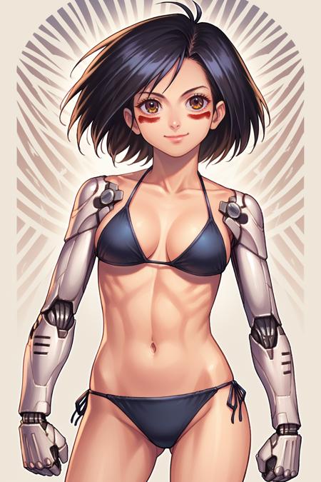  alita, battle angel alita, cyborg, mechanical arms, smile, bodysuit, red facial marks, black hair, short hair