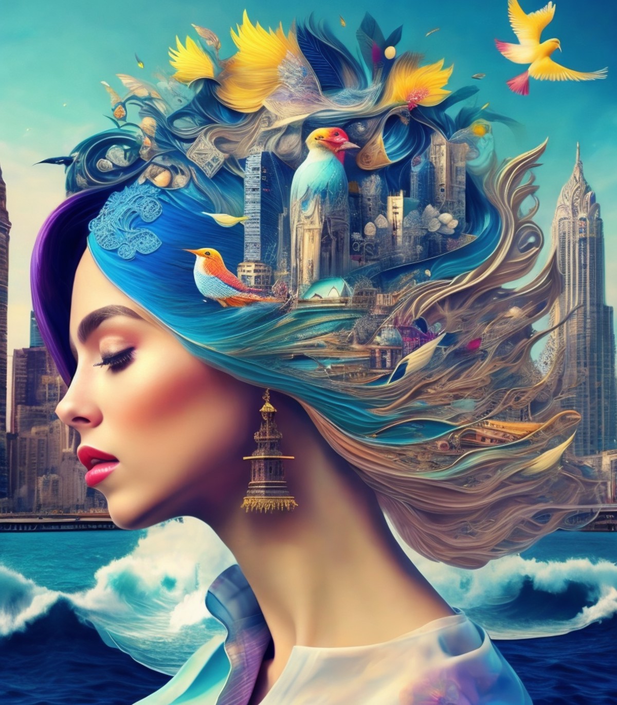arafed woman with a city and birds in her hair, elaborate digital art, beautiful digital artwork, surrealistic digital art...