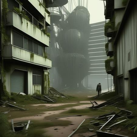 Generate an image of a post-apocalyptic landscape, featuring a mix of natural and man-made elements. Include crumbling buildings, overgrown vegetation, and a sense of danger and abandonment. Incorporate elements such as advanced robotics, cybernetic enhancements, and advanced transportation systems.