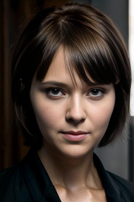 (8k, masterpiece, best quality, solo, sfw), ((Karin Spolnikova)), portrait, short haircut, (neat hairstyle), bang, grey eyes, (wearing a business suit), looking at camera, eyelines, eyeshadows, simple dark background, <lora:Karin_Spolnikova_v5_0-10:0.75>, huge breasts:1.5