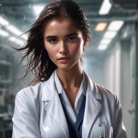 nessa a candid photo woman in a labcoat, with wet hair, highly detailed, dramatic light, digital art, painted by seb mckinnon, painted by greg rutkowski, trending on artstation