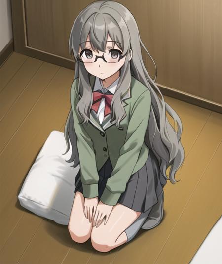 <lora:futaba:0.4>,futaba rio,glasses,(gray hair),very detailed ,highres,(masterpiece_1.0),(best quality_1.0),(seiza),(body in frame),((on knees)),((kneeling)),pov,  kneesocks,  perspective from above,