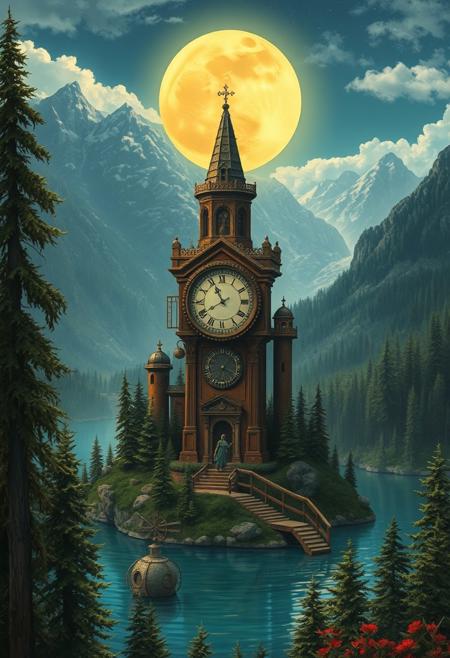 the land that time forgot, steampunk, clock, moon, mountains, forests, lakes, vivid colour, fantasy