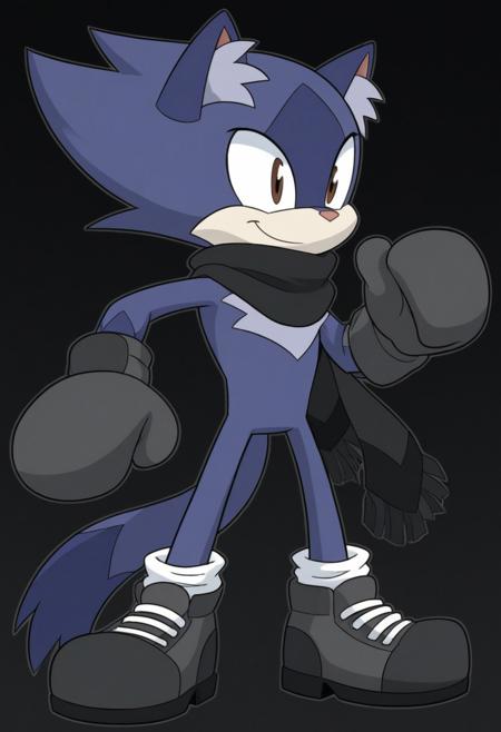 duothecat, blue fur, cat ears, animal nose, animal ear fluff, pointy hair, brown eyes black scarf, grey boxing gloves, grey shoes black sclera, white pupils, white eyes  sonic (series)