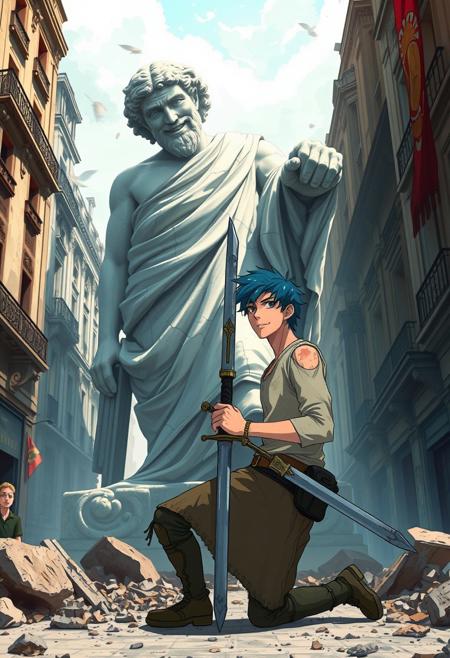anime style high definition, realistic, good aspect, in a destroyed paris city  a giant cracked greek white statue crazy smile kneeling looking  down a young man bruises  dusty clothes holding a sword blue hair with a confident smile staring at the statue