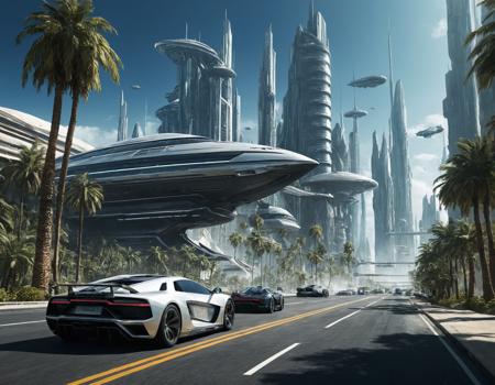 <lora:Zoom_Cars:1>,Cornelisz Hendriksz Vroom,vehicle,car,driving,<lora:Metroplex-Futuristic-000006:1>,futuristic city backgrond,futuristic city scape,stunning sci-fi concept art,a futuristic city with palm trees and a large spaceship,