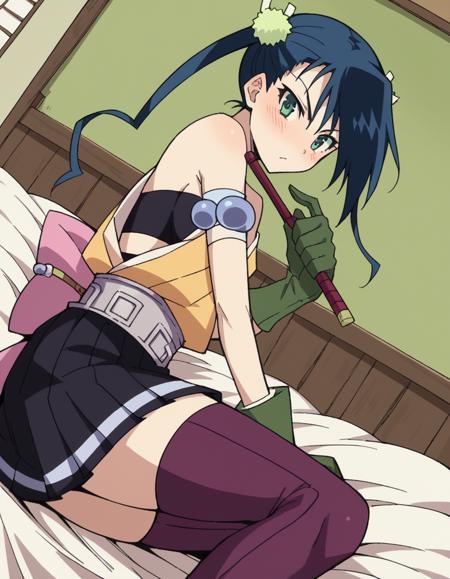 hibachi, long hair, green eyes, blue hair, twintails, hair ornament, skirt, thighhighs, japanese clothes, zettai ryouiki, armband, purple thighhighs, belt, pleated skirt, black skirt, gloves, green gloves, bare shoulders,