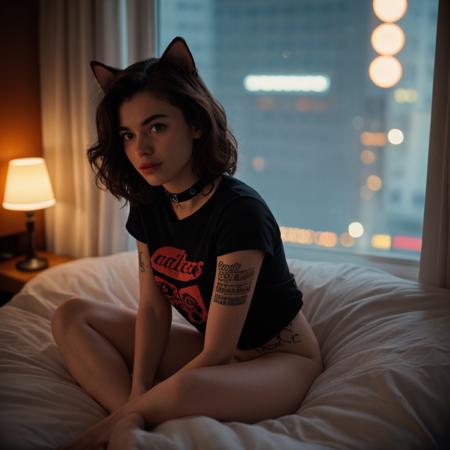 (analog photo:1.1), (a punk catgirl:1.15), (cat ears:1.1), brown short curly hair, (black t-shirt:1.15), (20 years old, young:1.2), petite, (pubic hair:1.1), choker, cream eyeliner, european, cozy bedroom, (neon glow, cyberpunk:1.2), waves, warm colors, (inviting expression:1.05), RAW Photograph, dslr, soft lighting, high quality, film grain, Fujifilm XT3, (nsfw:1.1), insane details, masterpiece, 8k, 35mm photograph, dslr, kodachrome, vignette, vintage, Kodachrome, Lomography, stained, highly detailed, found footage