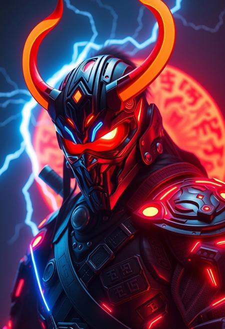 (Realistic:1.9), (cyberpunk.1.5), masterpiece, best quality, volumetric lighting, neon colors, dark background, 1man, male, closeup, Raijin with an oni mask, god of thunder, god of lighting, god of lightning, thunder, and storms, cyber tron neon Raijin armor, full armor, Covered face, covered eyes, standing in front of a tomoe, tomoe background, cyber horns, ninja pose, kunai, blades, flying raijin, so fast leaving mirages, katana, (Full body shot:1.5)