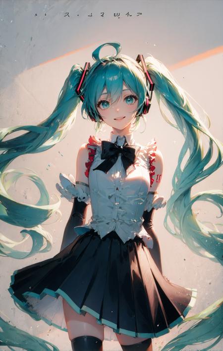 1girl, ahoge, aqua_eyes, bare_shoulders, black_skirt, border, bow, bowtie, cowboy_shot, detached_sleeves, dress, elbow_gloves, gloves, hair_between_eyes, hair_ornament, hatsune_miku, holding, long_hair, looking_at_viewer, miniskirt, pleated_skirt, shirt, skirt, sleeveless, smile, solo, standing, thighhighs, traditional_media, twintails, very_long_hair <lora:style_Rella:1>