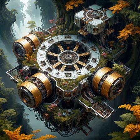 Biomorphic stunning abondend space station ruin in forest biomechanical interface maximalist perfect illustration, digital painting art, scifi, futuristic, utopian, machine parts, body parts, wires, circuits, highly detailed, floral, octane render, cinematic, aerial look from above, hauntingly surreal, highly detailed and intricate, rich deep colors, intricate artwork masterpiece, ominous, matte painting movie poster, golden ratio, intricate, epic, artistic masterwork by head of prompt engineering  <lora:xl_more_art-full_v1:0.5> <lora:add-detail-xl:2>