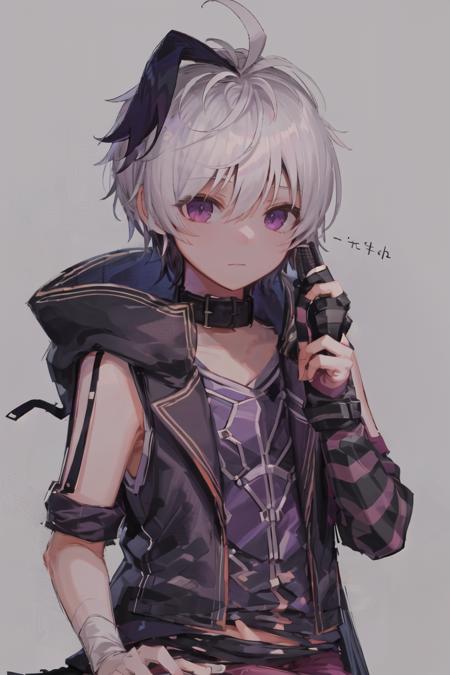 masterpiece, best quality, 1boy, solo, 4k, 8k, vflower, <lora:vflower:1>,streaked hair, purple eyes, white hair, short hair, expressionless, looking at viewer, collar, purple hair, belt collar, jacket, purple jacket,