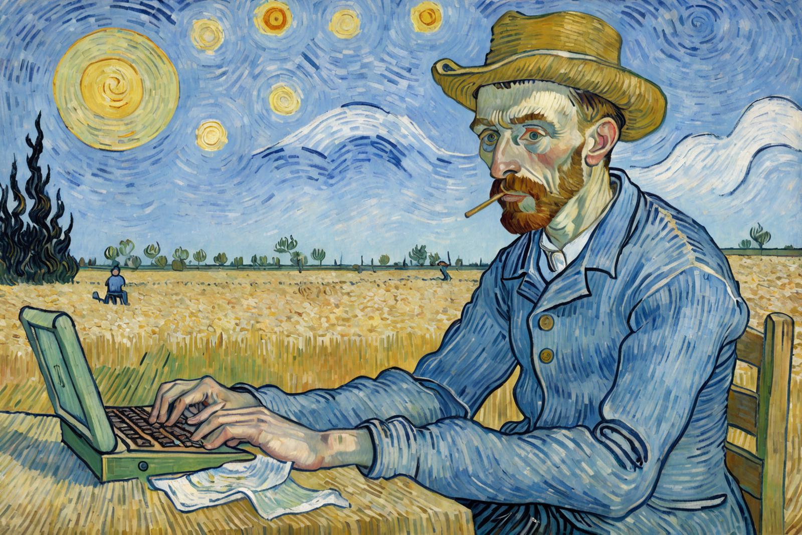 Man in a blue shirt and hat typing on a keyboard in front of a sunny sky.