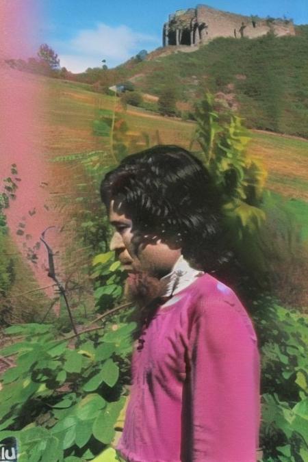 Weirdcore close-up of <ffurian> male character with beard, standing in green hills plants, 90VHS, (<ffurian> close-up, in pink clothing 1.3),  ffurian looking at viewer (y2k aesthetic 0.8), ms paint style <lora:ms-paint-lora:1> (sunny weather 1.2), the matrix movie, <lora:y2kaesthetic:0.7>, 3d render, lush, bloom, neon, half0ster